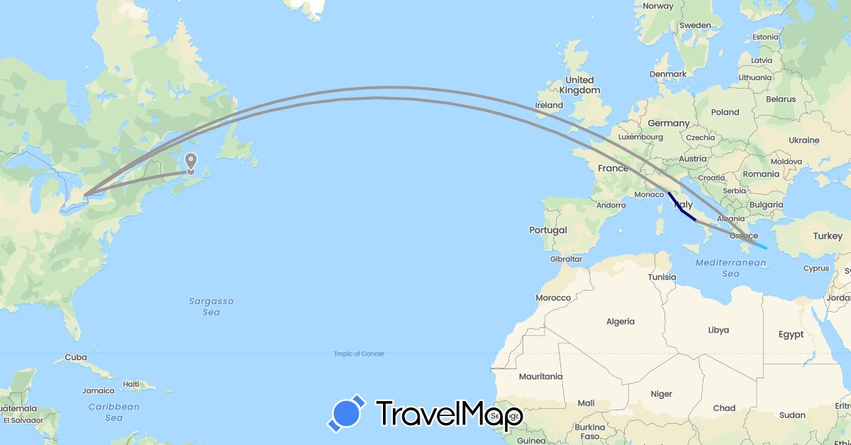 TravelMap itinerary: driving, plane, boat in Canada, Greece, Italy (Europe, North America)